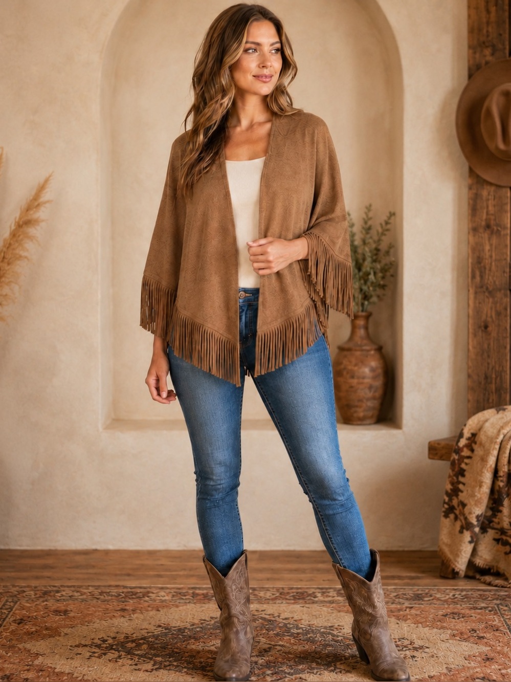 Chico’s Brown Fringe Poncho Shawl One Size Western Boho Faux Suede Wrap